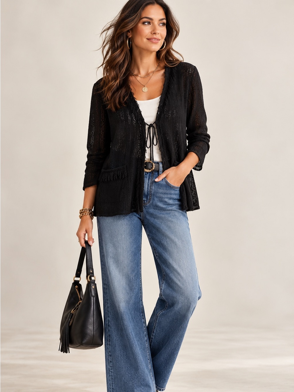 Tribal Black Openwork Tie-Front Cardigan